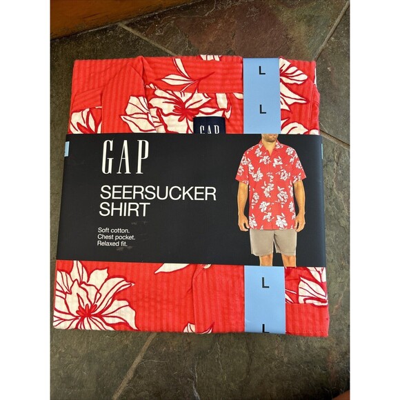 Gap Men Short Sleeve Seersucker Shirt L Cayenne Flower Fill New Red Relaxed - Picture 12 of 12